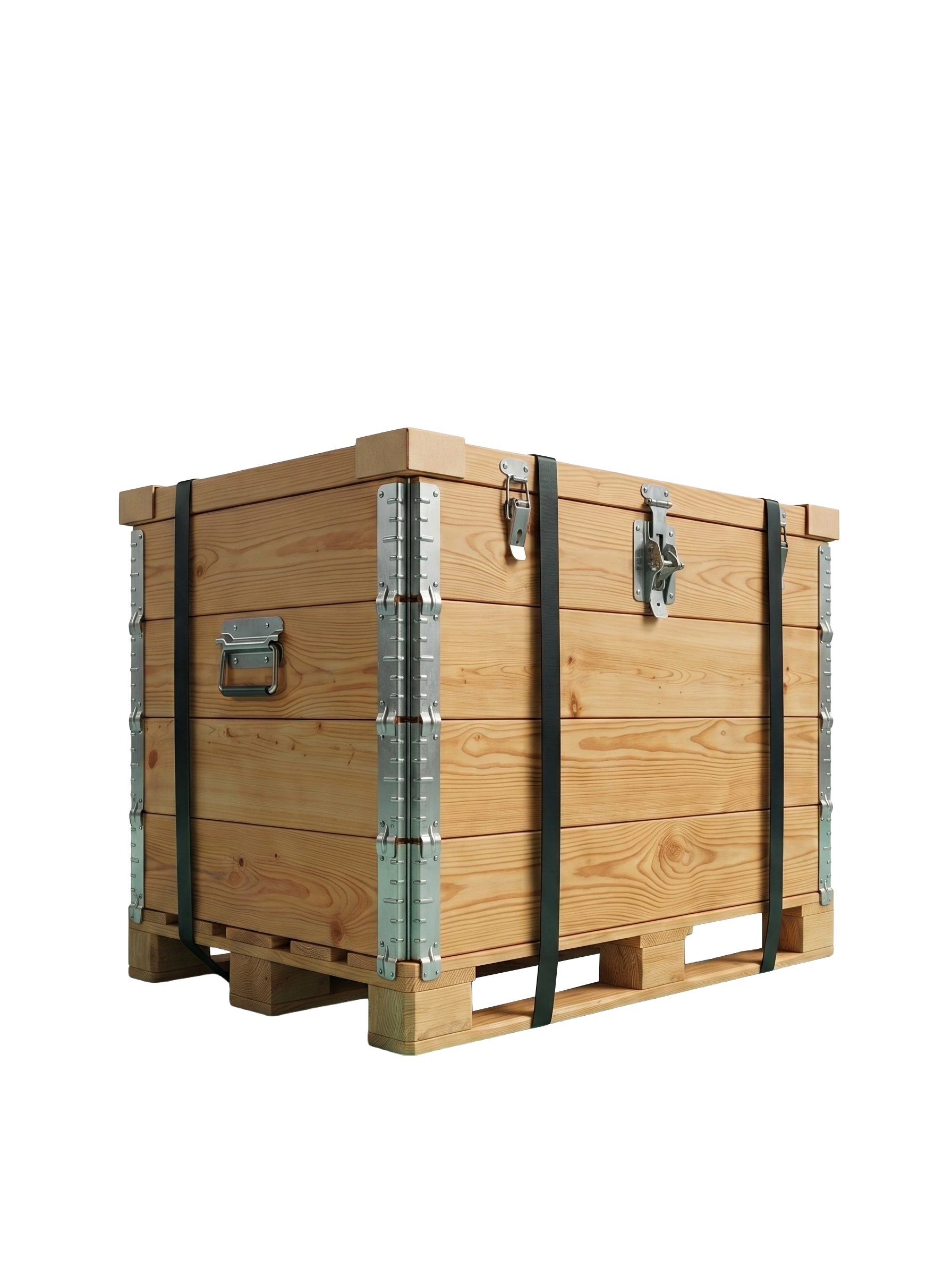 Drewniana skrzynia transportowa zabezpieczona pasami